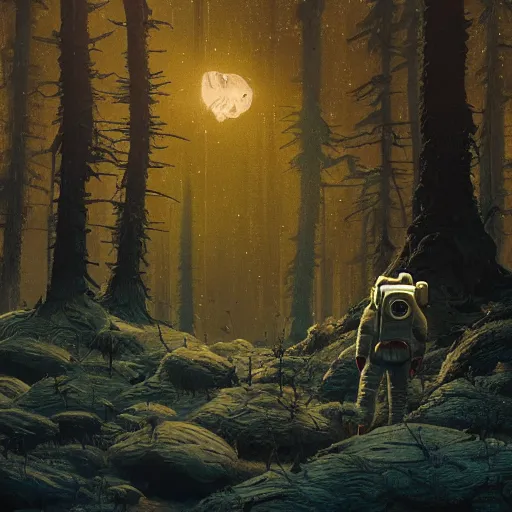 Image similar to A astronaut gazing upon an amazing alien forest landscape, digital art, breathtaking, golden ratio, extremely detailed, establishing shot, hyperrealistic, cinematic lighting, particles, unreal engine, simon stålenhag, rendered by Beeple, Makoto Shinkai, syd meade, simon stålenhag, Ruan Jia, Kentaro Miura, environment concept, artstation, octane render, 8K UHD image