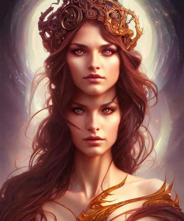 Image similar to fantasy magic woman portrait, sci-fi, amber eyes, face, long hair, fantasy, intricate, elegant, highly detailed, digital painting, artstation, concept art, smooth, sharp focus, illustration, art by artgerm and greg rutkowski and alphonse mucha