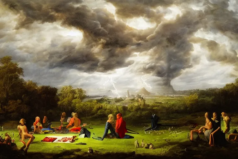 Image similar to a detailed illustration of a god ruining a picnic in the park, nightmare in the park, calamity, dark storms with lightning, ultrawide lens, aerial photography, natural disaster, 8 k, art by pierre - henri de valenciennes and caspar david friedrich and jacob gensler and eugene isabey