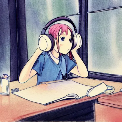 Image similar to anime girl wearing headphones sits at a desk in her bedroom studying, beautiful light thorough window in the style of lofi hiphop in pencil and watercolor by glen keane