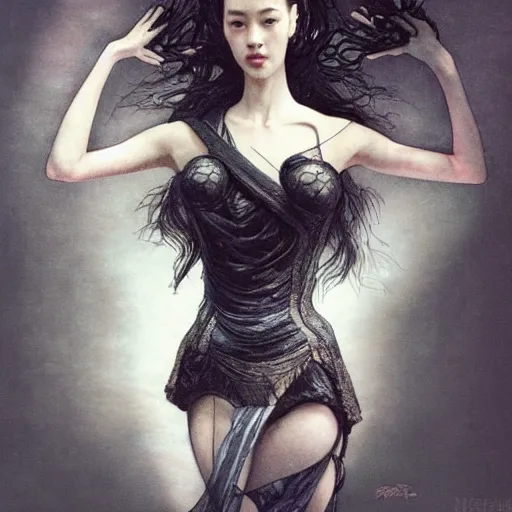 Image similar to Kiko Mizuhara, physically accurate, very dramatic dynamic lighting, intricate, very very elegant, highly detailed, digital painting, artstation, very hyperrealistic, very HR GIGER, very Bensinski, Hieronymus Bosch, Francis Bacon, concept art, smooth, sharp focus, illustration, art by artgerm and greg rutkowski and alphonse mucha