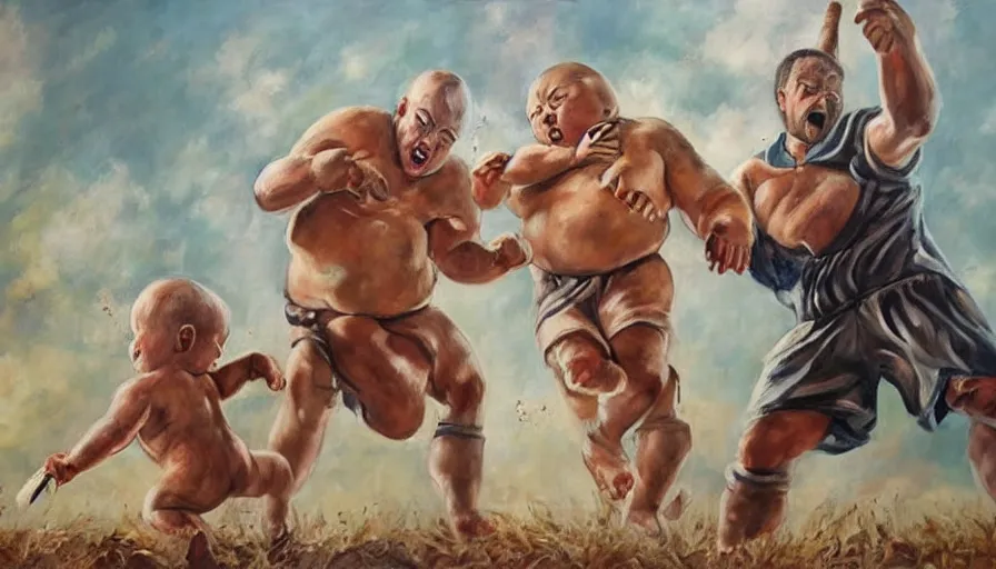 Prompt: photo - realistic painting of giant man - babies battling