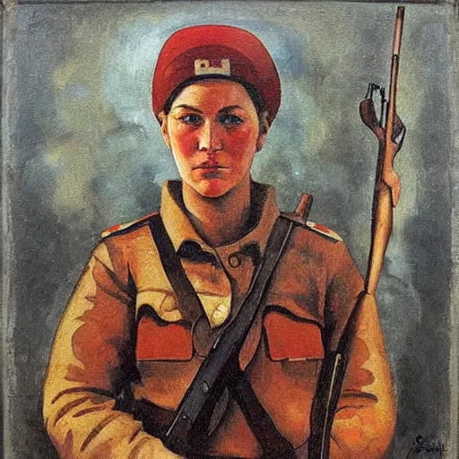 Image similar to soviet painting of female soviet partisan by isaak brodsky, walter womacka, czeslaw znamierowski, vladimir pchelin, kuzma petrov - vodkin, igor berezovsky