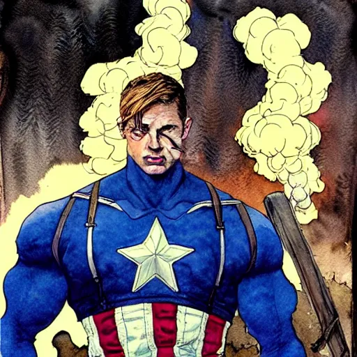 Image similar to a realistic and atmospheric watercolour fantasy character concept art portrait of captain america with pink eyes wearing a wife beater and smoking a huge blunt by rebecca guay, michael kaluta, charles vess and jean moebius giraud