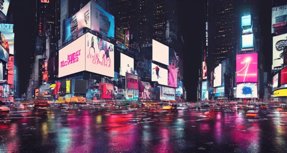 Prompt: times square, night, lofi, rainy day, mood, octane render, light leaks 4 k premiere pro, hyper realistic -