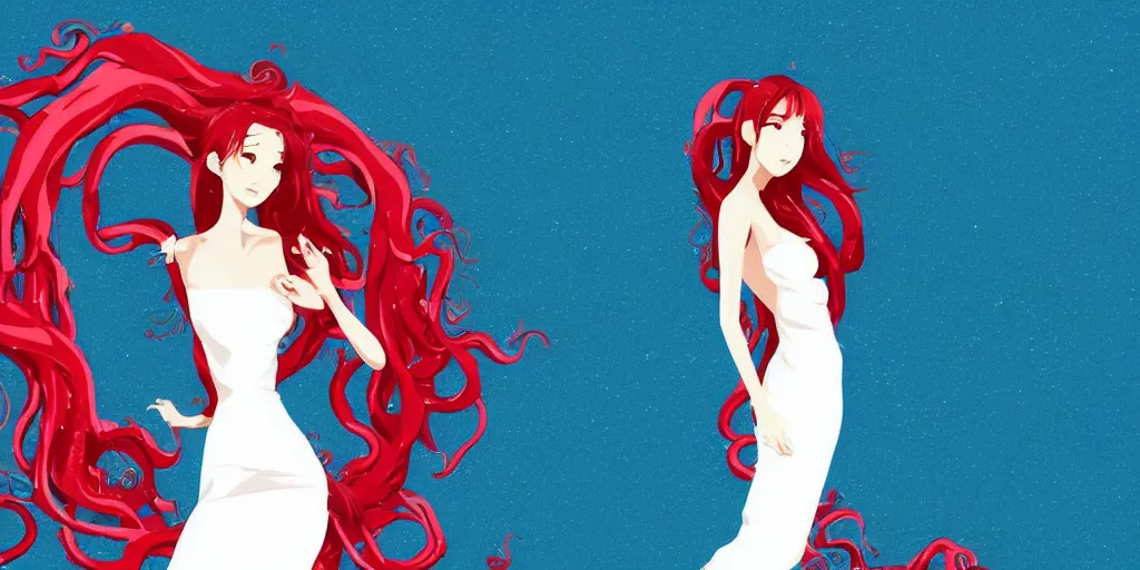 Image similar to a 2 meter woman white skin red dress standing in the middle of the image, gradient background, behance illustration, vector drawing, art by gibli studios, anime, tentacles wallpaper, sun, water splashed, high detailed, sharp focus, blue