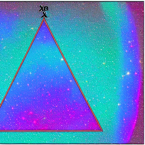 Image similar to x='blue iridescent piramid', x.position='left', deep space background