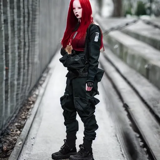 Prompt: beautiful red haired woman in techwear, warcore look and clothes, ACG, ACRNYM, Rick Owens, trending on r/streetwear, outfit photo