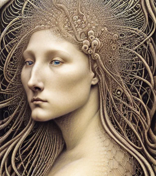 Prompt: detailed realistic beautiful beach goddess face portrait by jean delville, gustave dore, iris van herpen and marco mazzoni, art forms of nature by ernst haeckel, art nouveau, symbolist, visionary, gothic, neo - gothic, pre - raphaelite, fractal lace, intricate alien botanicals, ai biodiversity, surreality, hyperdetailed ultrasharp octane render