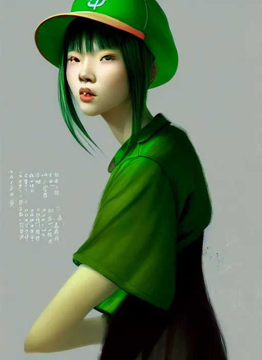 Prompt: portrait of a chinese girl with matte green hair, pixie long straight hair, wearing a light green hat, baseball cap, sophisticated, elegant, glowing lights, highly detailed, digital painting, art stand, concept art, smooth, clear focus, illustration, artwork by wlop, mars ravelo and greg rutkowski