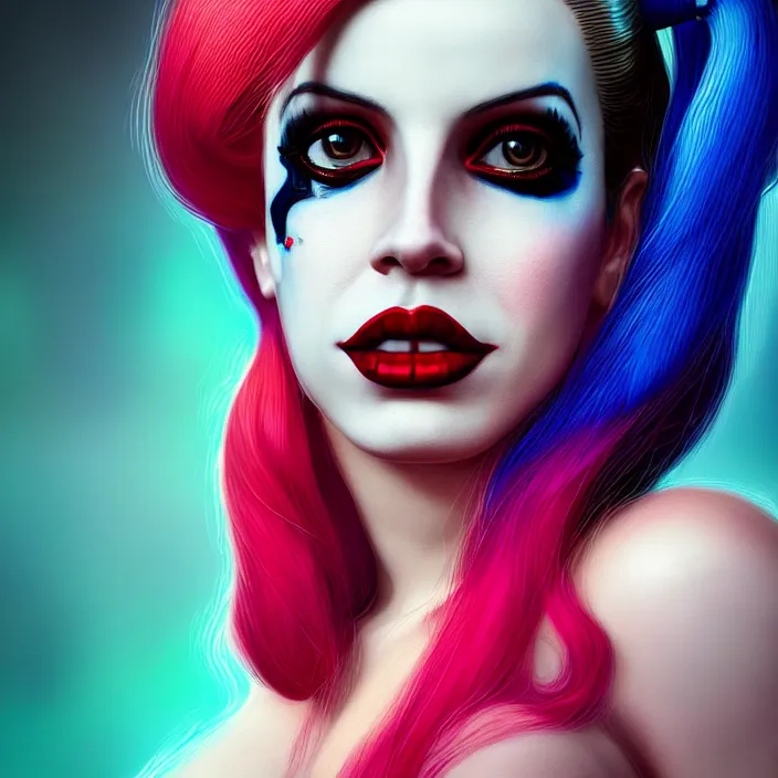 Image similar to portrait of lana del ray as a harley quinn. intricate abstract. intricate artwork. smooth. by Tooth Wu, wlop, beeple, dan mumford. octane render, trending on artstation, greg rutkowski very coherent symmetrical artwork. cinematic, hyper realism, high detail, octane render, 8k, iridescent accents