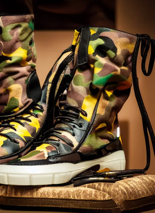 Image similar to hyperrealistic and heavy detailed product photo bape avant garde boots of movie the fifth element, in front of white back drop, whole shoe is in picture, leica sl 2 5 0 mm, vivid color, high quality, high textured, real life