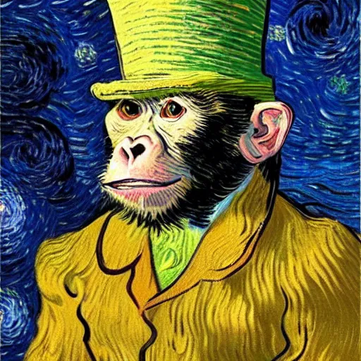 Image similar to van gogh painting of a baby chimpanzee wearing a top hat, 4 k, hyper realistic, dslr, high resolution, landscape, beautiful