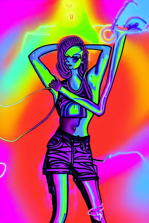 Image similar to a award winning half body portrait of a beautiful woman with stunning eyes in a croptop and cargo pants with rainbow colored ombre hairstyle head in motion and hair flying by thomas danthony, surrounded by whirling illuminated neon lines, outrun, vaporware, shaded flat illustration, digital art, trending on artstation, highly detailed, fine detail, intricate