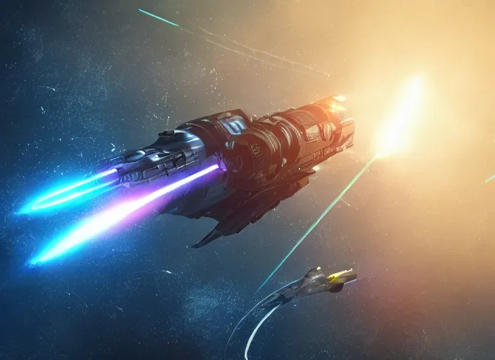 Prompt: small kinetic lance striking the force field of a futuristic spaceship, in orbit of a terra compatible world, space battle, lasers, digital art, octane render