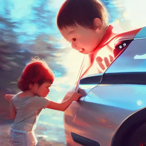 Image similar to ultra - close - up of child's hand attaching a star - shaped sticker to the surface of a car, digital art by ruan jia and mandy jurgens and artgerm, highly detailed, trending on artstation, award winning