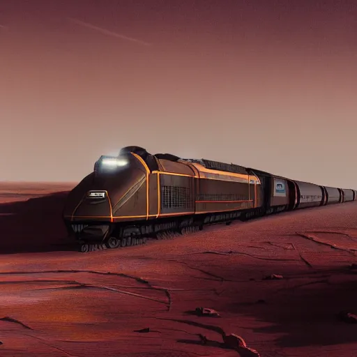 Image similar to an intricate, detailed matte painting of a train on mars, dusty, dramatic lighting, 4k, trending on artstation, by Greg Rutkowski