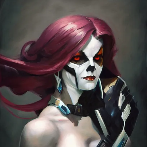 Image similar to greg manchess portrait painting of partially armored lady death as overwatch character, medium shot, asymmetrical, profile picture, organic painting, sunny day, matte painting, bold shapes, hard edges, street art, trending on artstation, by huang guangjian and gil elvgren and sachin teng