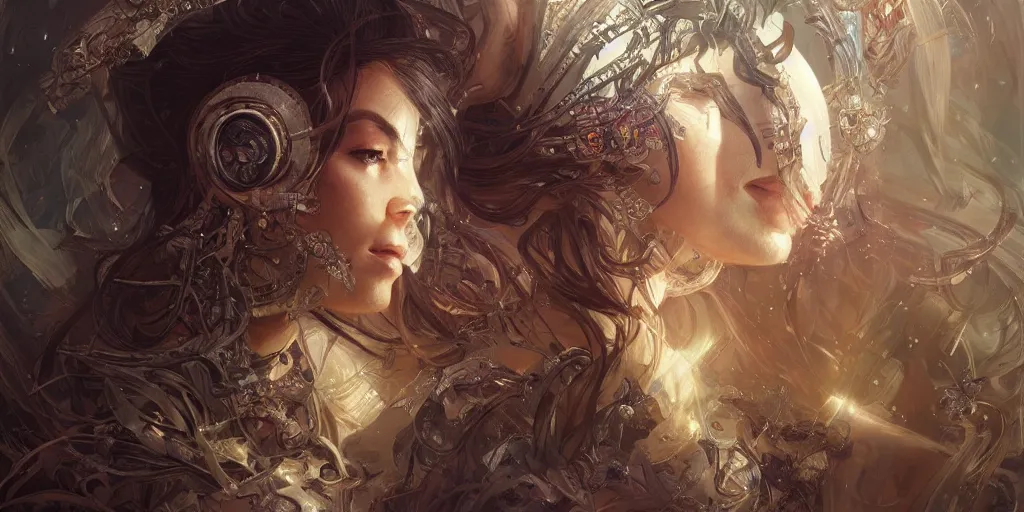 Image similar to HDR portrait photography of The Benevolent Cyborg Queen, fantasy, intricate, elegant, highly detailed, digital painting, artstation, HDR photo, smooth, sharp focus, illustration, art by artgerm and greg rutkowski and alphonse mucha