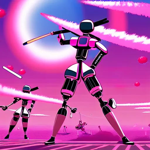 Image similar to a japanese woman battles pink robots, illustrated, detailed, 4 k