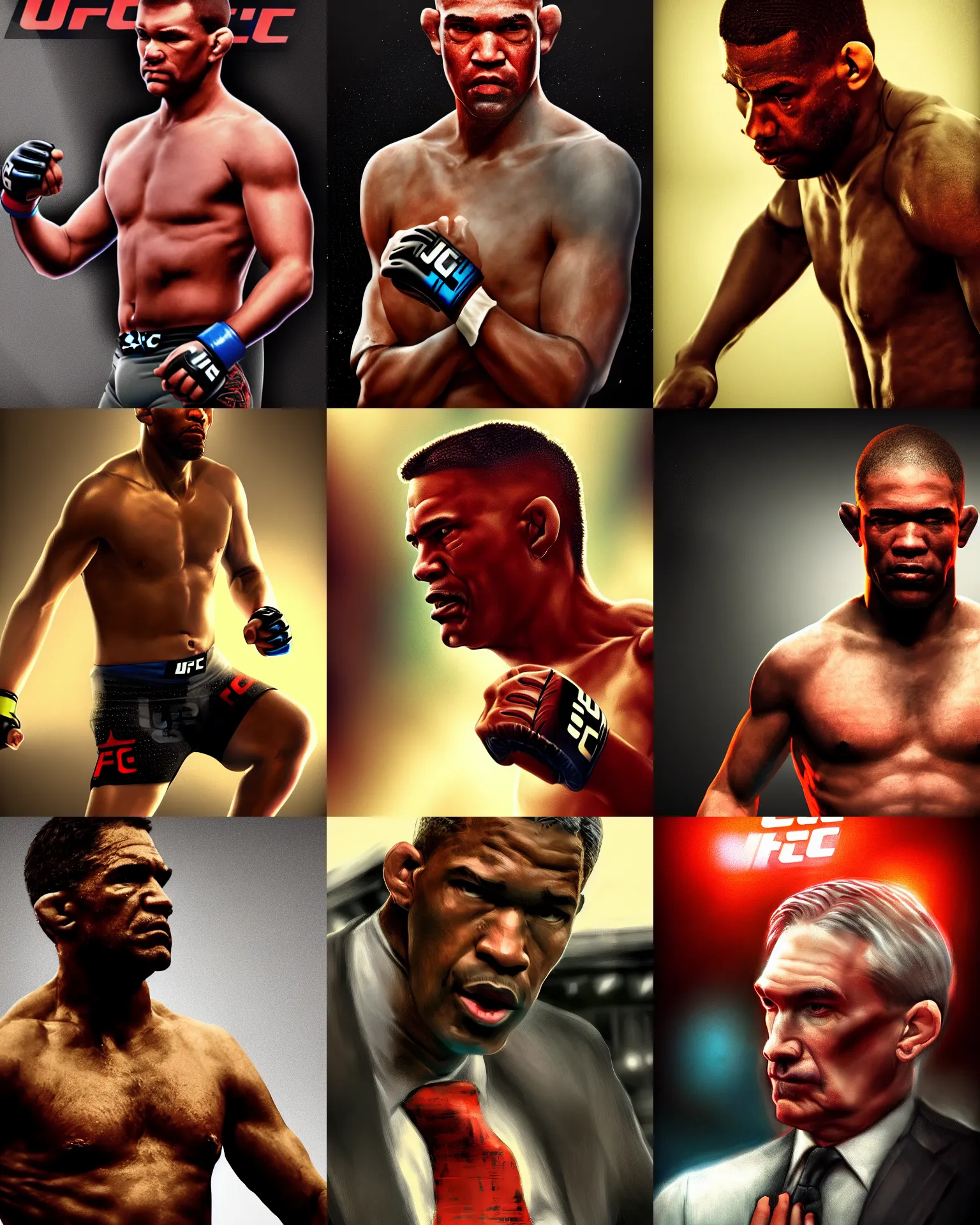 Prompt: jerome powell in the ufc, fantasy, high detailed, realistic, complimentary colors, light, artstation, cinematic, dramatic lighting, close up