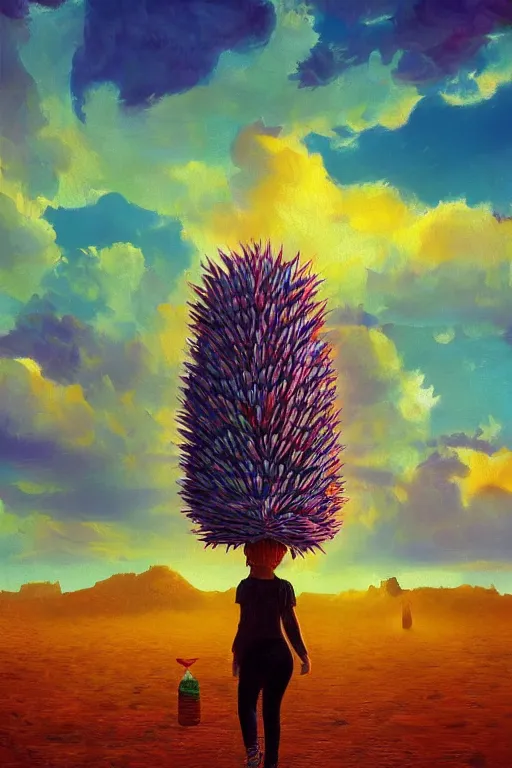 Prompt: giant corn flower head, girl walking in the desert, surreal photography, sunrise, dramatic light, impressionist painting, colorful clouds, digital painting, artstation, simon stalenhag
