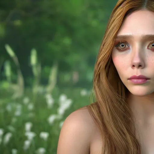 Image similar to nymph render of a very beautiful 3d elizabeth olsen, long hair, hazel eyes, cute freckles, full round face, short smile, cute sundress, golden hour, serene studio setting, medium shot, mid-shot, highly detailed, trending on Artstation, Unreal Engine 4k