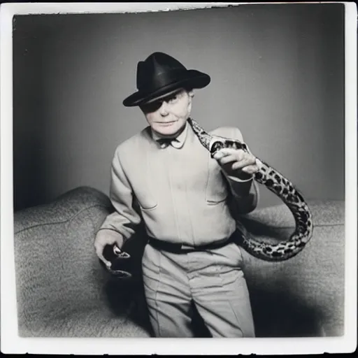 Image similar to medium-shot neat polaroid photo of Truman Capote wearing a hat, holding a big snake, by Andy Warhol