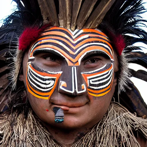 Prompt: aztec man wearing a wooden tribal mask, tribe photography