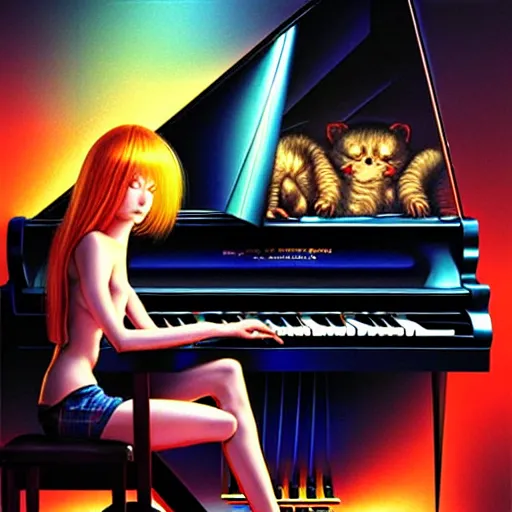 Image similar to a hyperrealistic cyborg playing the piano in a futuristic apartment, award winning art, 8k, highly detailed, sharp focus, cinematic lighting, UHD, in the style of Amano and Ayami Kojima and Karol Bak, art by Mark Brooks and Lisa Frank with vivid colors and crisp details smooth textures