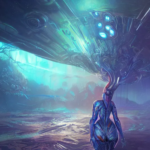 Image similar to ultra realistic illustration of android fairy, alien homeworld, swamps, advanced technology, warframe, special effects, colorful lights, space ship in the distance, intricate, highly detailed, digital painting, artstation, concept art, smooth, sharp focus, illustration, art by artgerm and tim mcburnie and anato finnstark