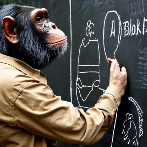 Image similar to a chimpanzee scientist teaching evolution blackboard