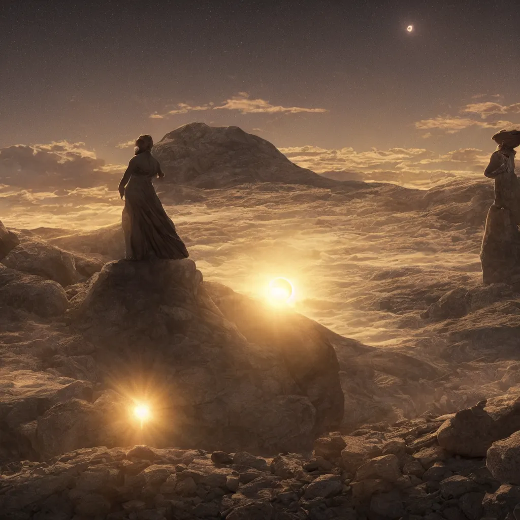 Image similar to eclipse at sunrise on a mountaintop, distant glowing figures, crystalline masterpiece diamond incrustations, art by john collier, albert aublet, artem demura, alphonse mucha, sharper luminescent focus, nd 6, hdr, movie still, fully photorealistic, cinematic diffuse lighting, artstation, textless, sharp focus