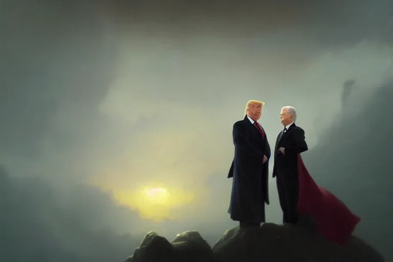 Image similar to Trump and Biden!!!!! , portrait, close shot, dark makeup, dark crown with magical ruby, painting by Studio Ghibli, Ivan Aivazovsky and Greg Rutkowski, artstation, fantasy, intricate, beautiful, cinematic, octane render, arnold render, 8k, hyper realism, detailed, sharp focus, 4k uhd, masterpiece, award winning