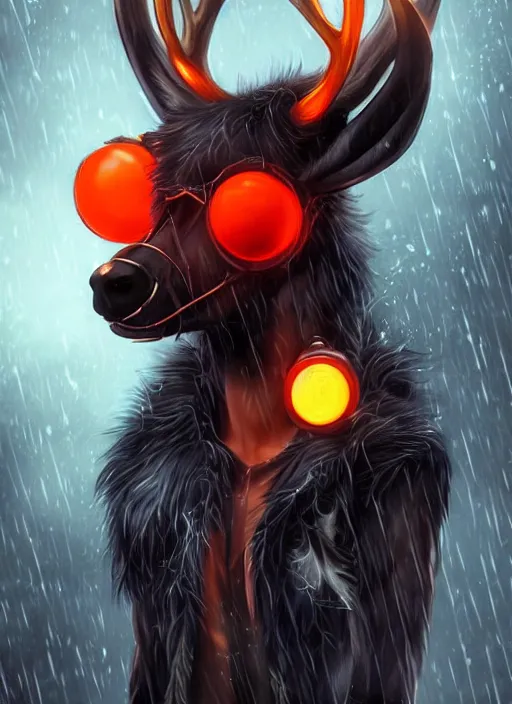 Image similar to award winning beautiful portrait commission of a male furry anthro Black Reindeer fursona with a tail, wings and a cute beautiful attractive detailed furry face wearing stylish black and orange cyberpunk clothes in a cyberpunk city at night while it rains. Character design by charlie bowater, ross tran, artgerm, and makoto shinkai, detailed, inked, western comic book art