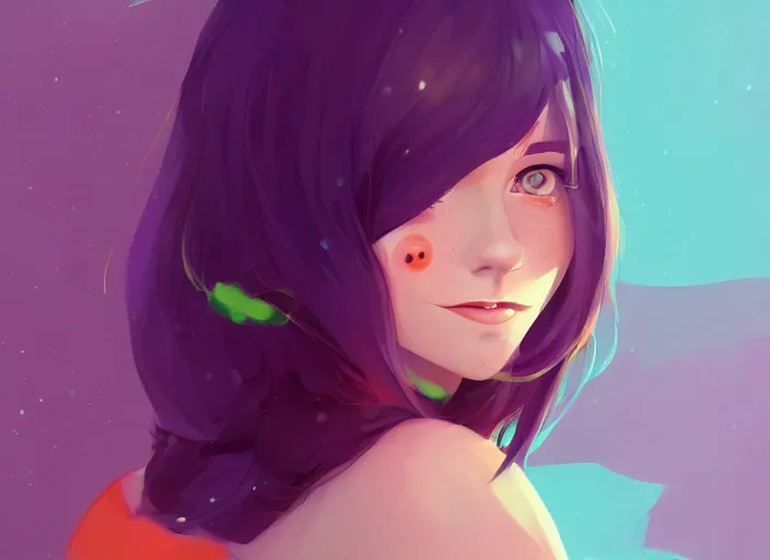 Prompt: portrait of a beautiful smiling girl with orange hair and freckles, green eyes, highly detailed, digital painting, concept art, smooth, sharp, focus, background is purple, anime key visual, lois van baarle, ilya kuvshinov, rossdraws, artstation