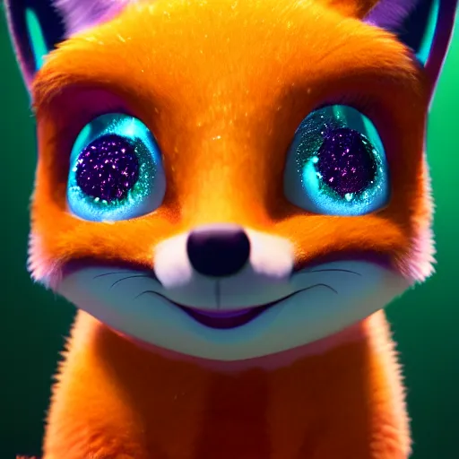 Image similar to baby gem fox, fox, big eyes, crystalized scales, hard gems, pastel colours, shiny glitter / crystals, pixar animation style, detailed, soft light, octane render, 4 k,