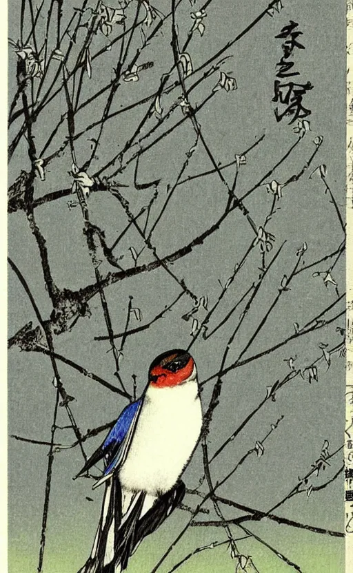 Prompt: by akio watanabe, manga art, portrait of swallow, willow branches above hill, trading card front, sun in the background