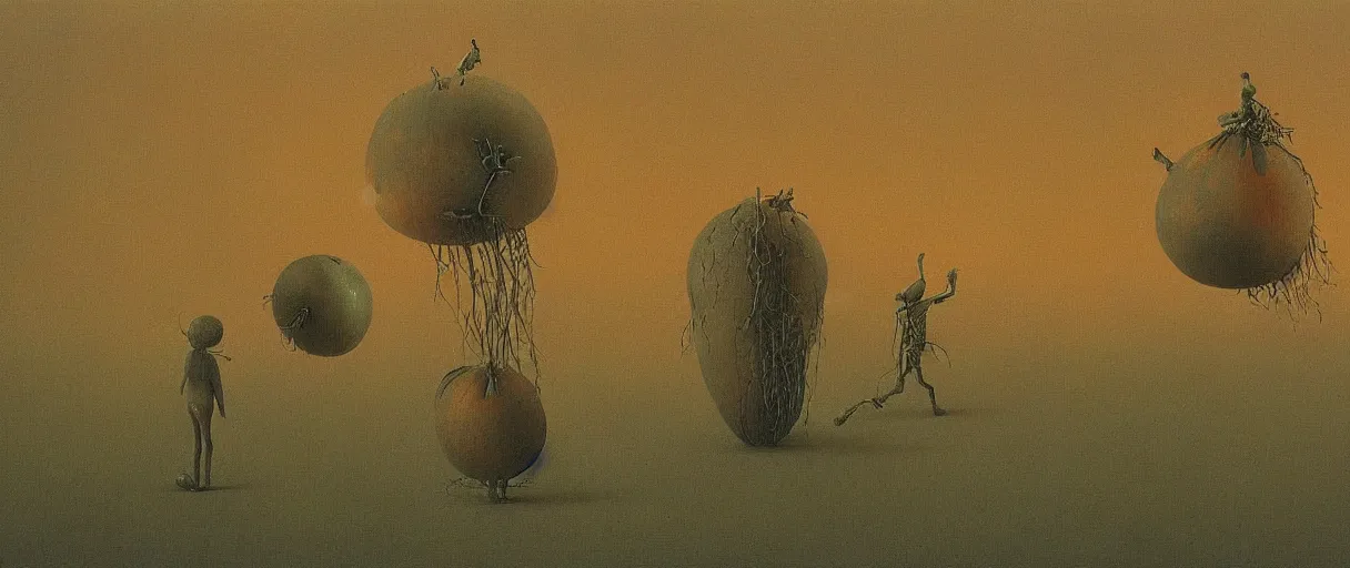 Prompt: still from james and the giant peach, painted by zdzislaw beksinski