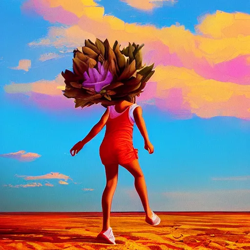 Image similar to portrait, giant rose flower head, girl running at the beach, surreal photography, sunrise, blue sky, dramatic light, impressionist painting, digital painting, artstation, simon stalenhag