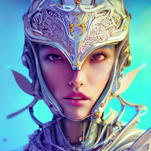 Image similar to studio portrait of lawful good colorful female holy mecha paladin absurdly beautiful, elegant, young sensual graceful woman, ultrafine hyperrealistic detailed face illustration by kim jung gi, irakli nadar, intricate linework, sharp focus, bright colors, matte, octopath traveler, final fantasy, unreal engine highly rendered, global illumination, radiant light, intricate environment