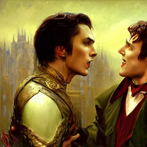 Image similar to attractive male, arthur pendragon confesses his love to attractive male dracula the vampire. highly detailed painting by gaston bussiere, craig mullins, j. c. leyendecker 8 k