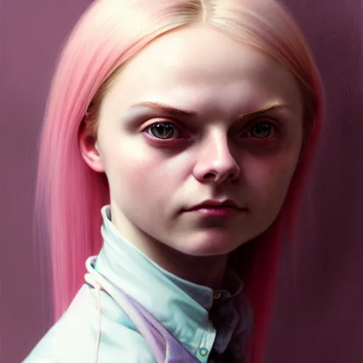 Prompt: portrait of a scottish teenage girl with pinkish blonde hair, glowing skin, awkward, nerdy, matilda lawler, dafne keen, fantasy, intricate, elegant, dress shirt, highly detailed, digital painting, artstation, concept art, smooth, sharp focus, illustration, art by Krenz Cushart and Artem Demura and alphonse mucha