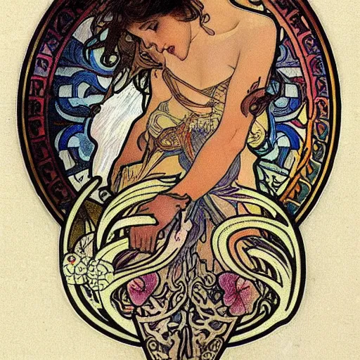 Prompt: embroidery tattoos painted by alphonse mucha