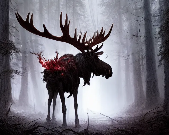 Image similar to 5 5 mm portrait photo of an armored demonic undead rotting moose with red eyes antlers and looking at the camera, in a magical forest. magical atmosphere. art by greg rutkowski and luis royo. highly detailed 8 k. intricate. lifelike. soft light. nikon d 8 5 0.