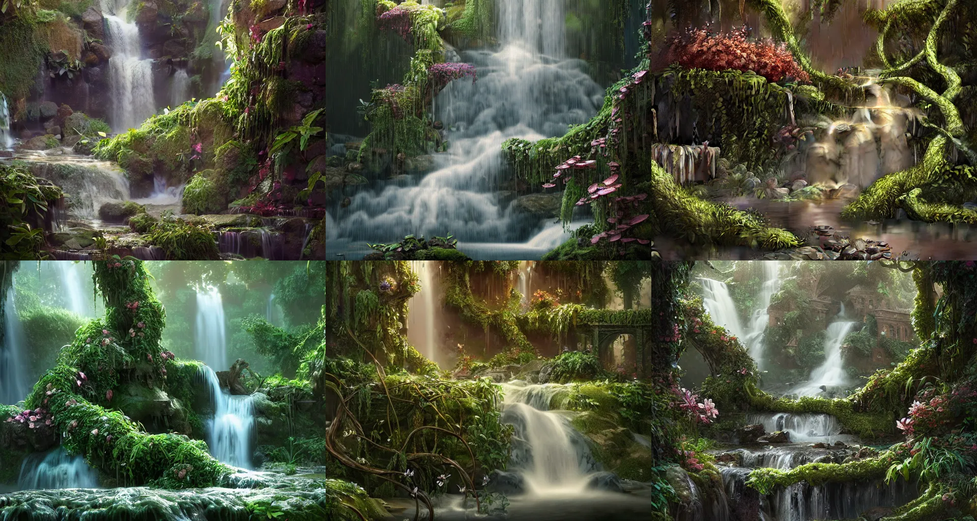 Prompt: waterfall flowing with vines and flowers by greg rutkowski, high key lighting, volumetric light, digital art, detailed, intricate, ornate, octane render, unreal engine, photorealistic