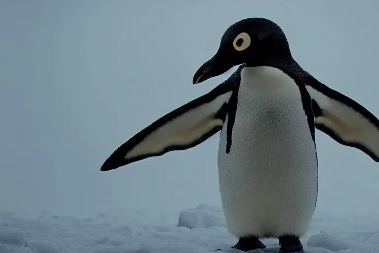Prompt: vfx movie scene closeup penguin wearing fishbone armor holding a katana sword in a lush arctic. by emmanuel lubezki