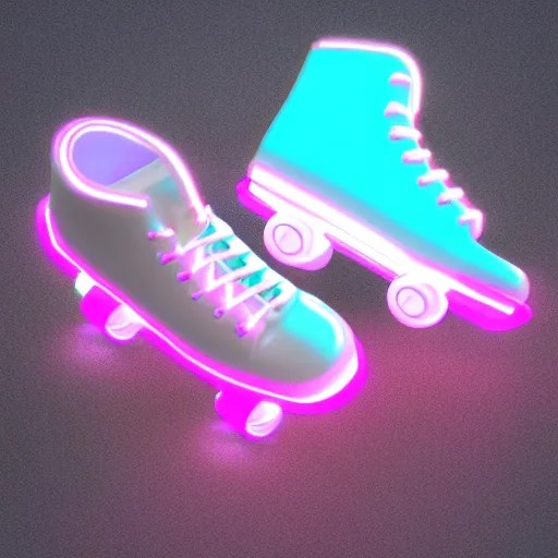 Image similar to white retro! roller skates with cyan wheels on a pedstal, octane render, 3 d model, pink lightning, neon!! light, blender