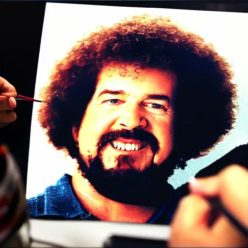 Image similar to a closeup photorealistic photograph of bob ross working on an image of kenny powers autographing a baseball on a canvas. mountains and trees. film still. brightly lit scene. this 4 k hd image is trending on artstation, featured on behance, well - rendered, extra crisp, features intricate detail, epic composition and the style of unreal engine.