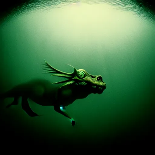 Image similar to sea monster about to eat pov underwater, pale skin, dark yellowish water, foggy water, dark, dramatic,'silent hill ', big eyes, alluring and terrifying, cinematic